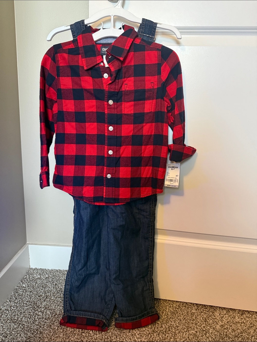 Kids' Red & Navy Plaid Button-Up Shirt with overalls